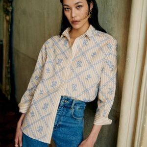 Sezane Maxy Shirt - LUCIA VERGARA - Camel Ecru with Blue Details - EU 36 / US 4